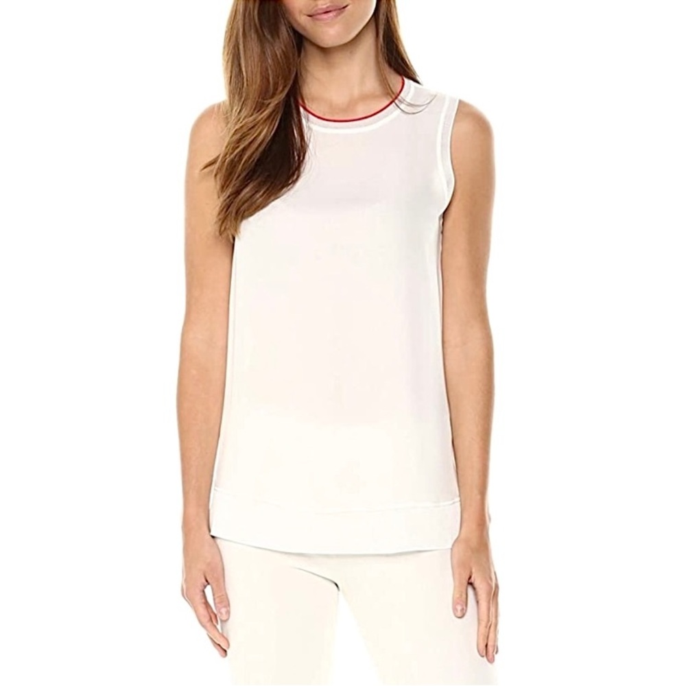 Theory Lewie Silk Sleeveless Top Ivory with Red Trim MED